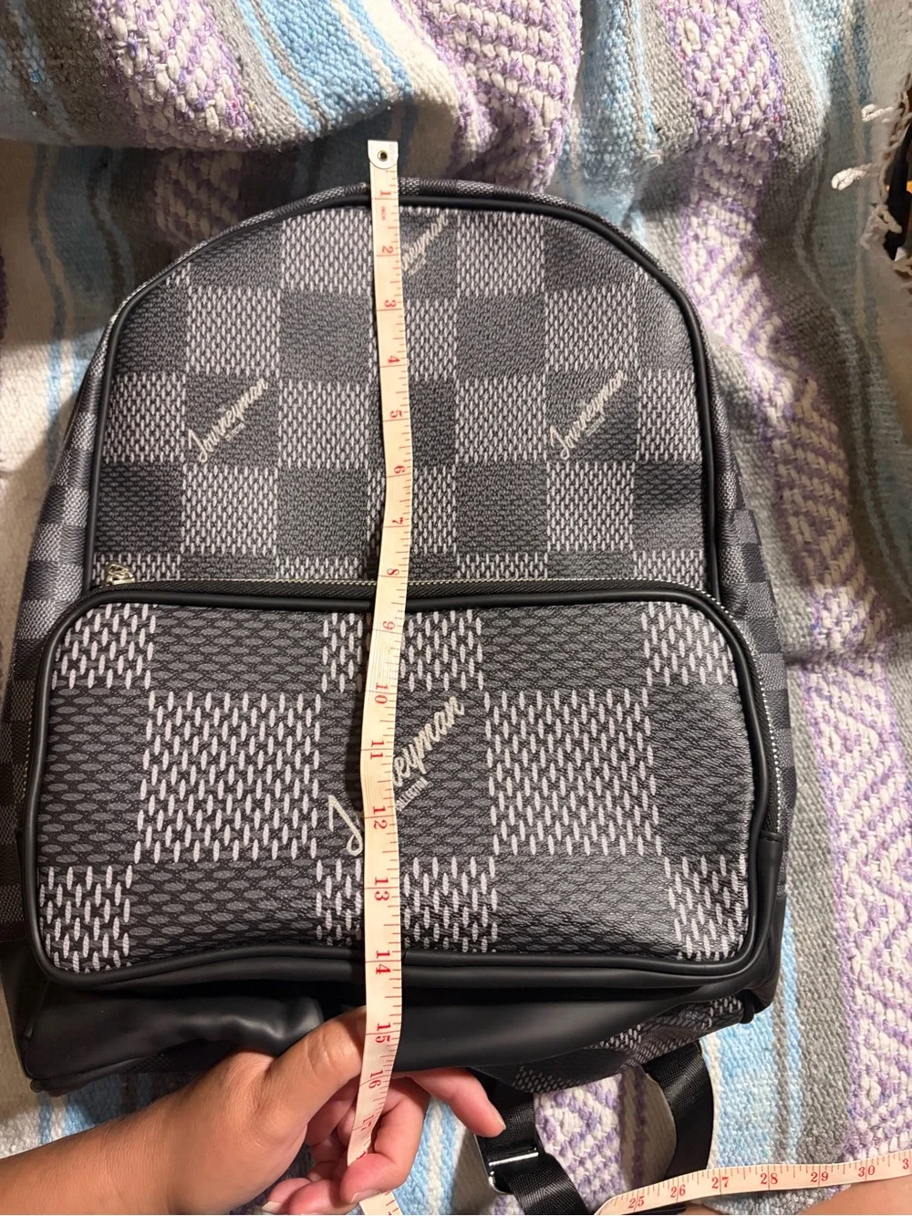 Men's/Women’s Grey and black Checkered Backpack with Front Zip Pocket